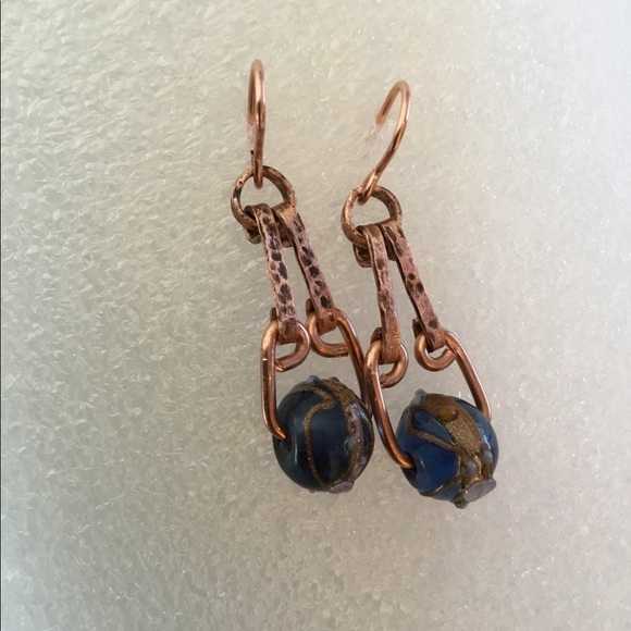 Blue Pressed Glass, Solid Copper Pendant Earrings - Picture 3 of 8